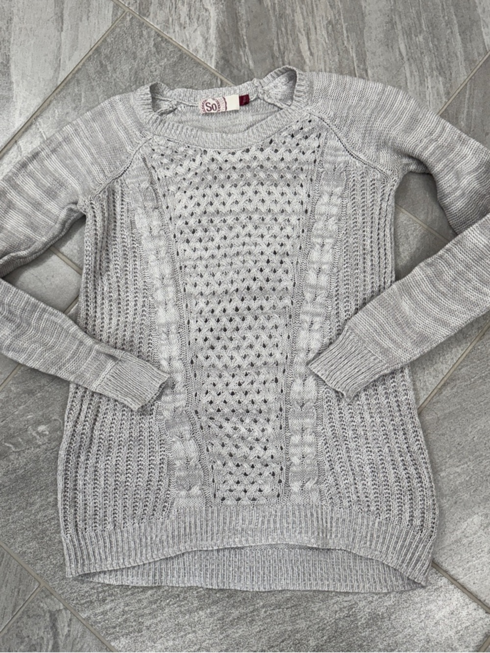 SO Light Gray Openwork Cable Knit Crewneck Sweater